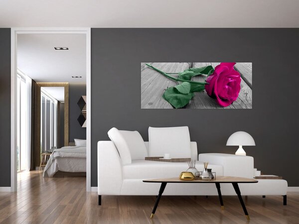 Kép - Rózsaszín rózsa zöld szárral (120x50 cm)