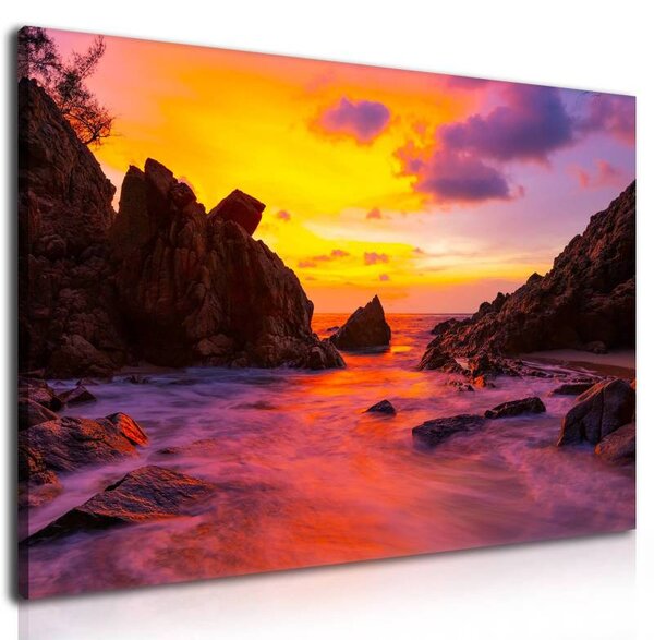 70x40 cm - Sárga naplemente a sziklák között vászonkép