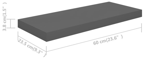 4 db magasfényű szürke MDF lebegő fali polc 60 x 23,5 x 3,8 cm