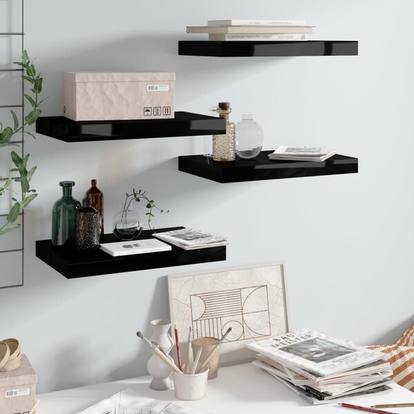 4 db magasfényű fekete MDF lebegő fali polc 40 x 23,5 x 3,8 cm