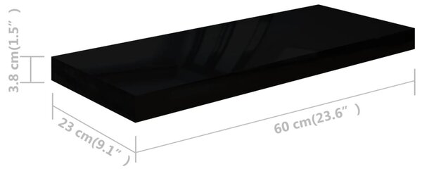 2 db magasfényű fekete MDF lebegő fali polc 60 x 23,5 x 3,8 cm
