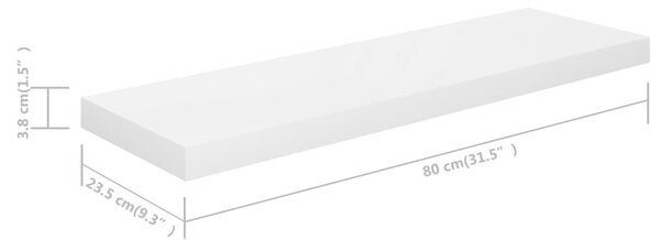 2 db magasfényű fehér MDF lebegő fali polc 80 x 23,5 x 3,8 cm