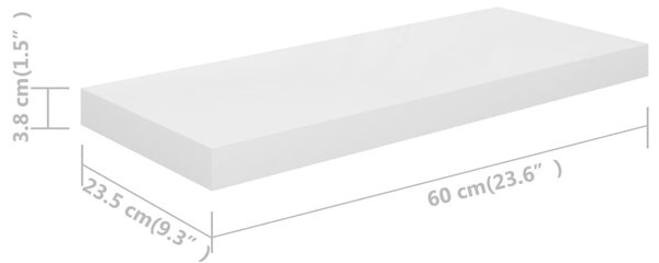 2 db magasfényű fehér MDF lebegő fali polc 60 x 23,5 x 3,8 cm