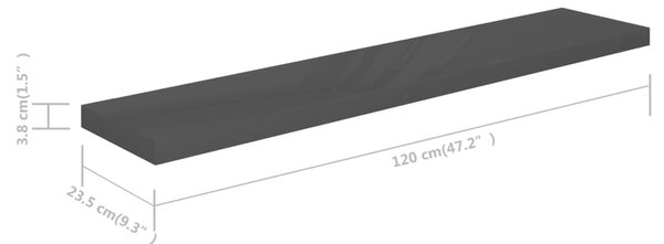 Magasfényű szürke MDF lebegő fali polc 120 x 23,5 x 3,8 cm