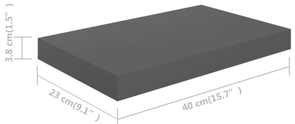 2 db magasfényű szürke MDF lebegő fali polc 40 x 23 x 3,8 cm