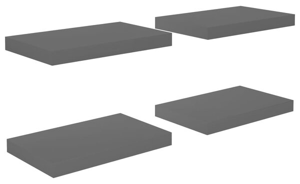 4 db magasfényű szürke MDF lebegő fali polc 40 x 23 x 3,8 cm
