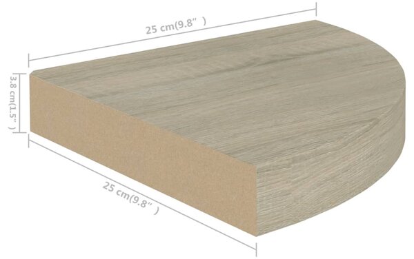 Tölgyszínű MDF lebegő sarokpolc 25 x 25 x 3,8 cm