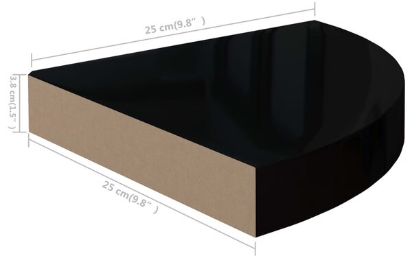 Magasfényű fekete MDF lebegő sarokpolc 25 x 25 x 3,8 cm
