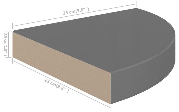 Magasfényű szürke MDF lebegő sarokpolc 25 x 25 x 3,8 cm