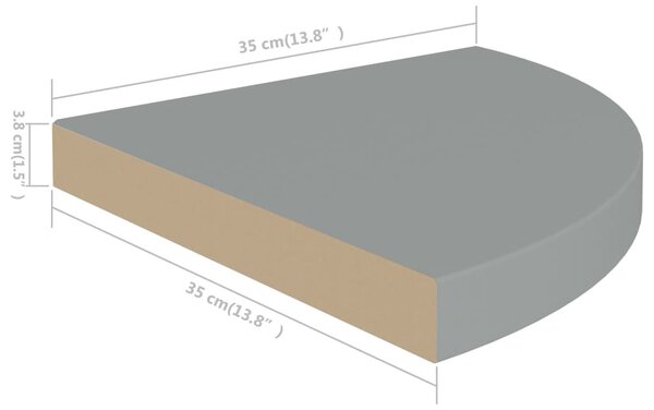 Magasfényű szürke MDF lebegő sarokpolc 35 x 35 x 3,8 cm