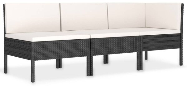 3 részes fekete polyrattan kerti bútorszett párnákkal