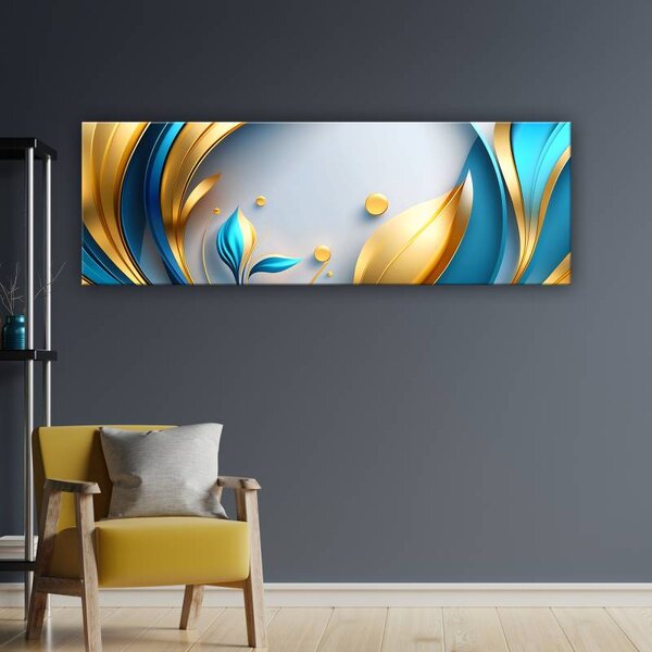 70x40 cm - Arany és kék absztrakt levelek vászonkép
