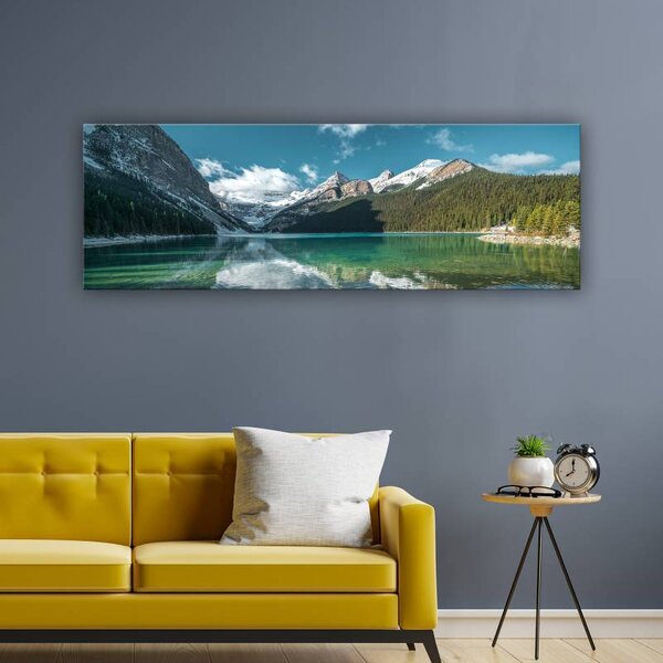 70x40 cm - Kövek és zöldes kék hegyi tó vászonkép