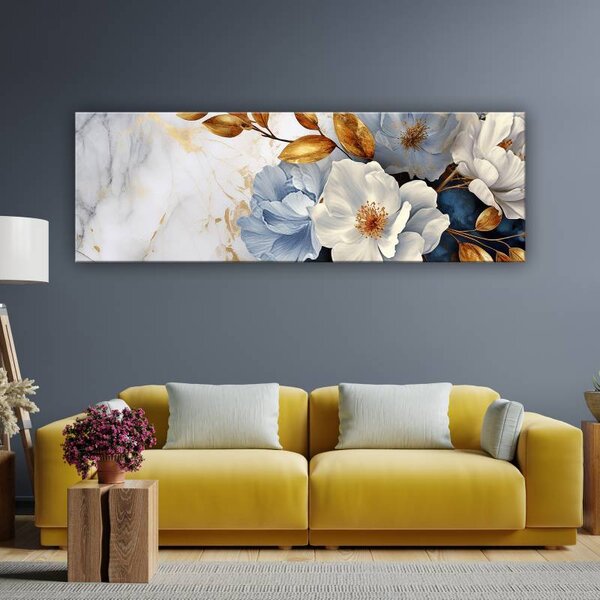 70x40 cm - Arany kék és fehér absztrakt virág kompozíció vászonkép