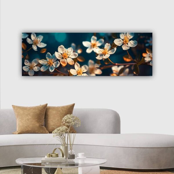 70x40 cm - Apró fehér virágok kék háttér vászonkép