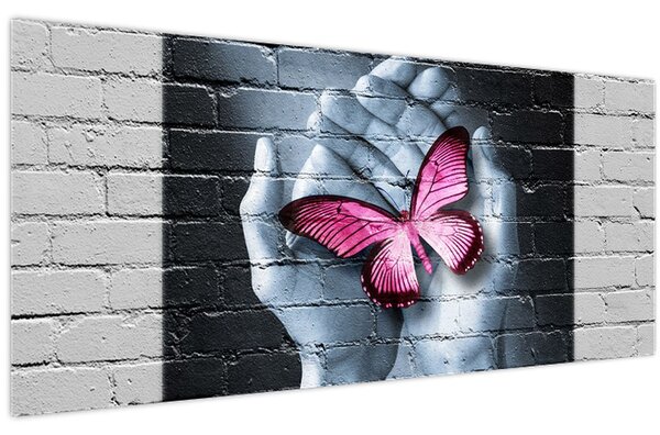 Kép - Rózsaszín pillangó a falon (120x50 cm)