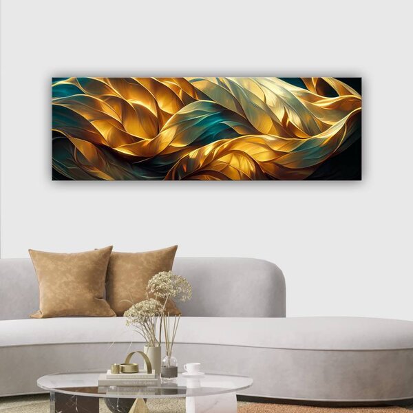 70x40 cm - Aranysárga kékes absztrakt tollak vászonkép