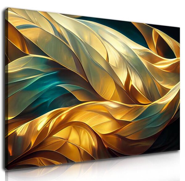 70x40 cm - Aranysárga kékes absztrakt tollak vászonkép