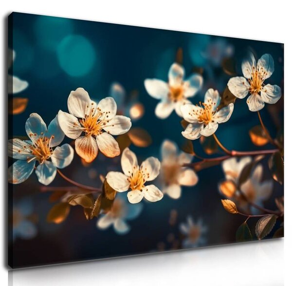 70x40 cm - Apró fehér virágok kék háttér vászonkép