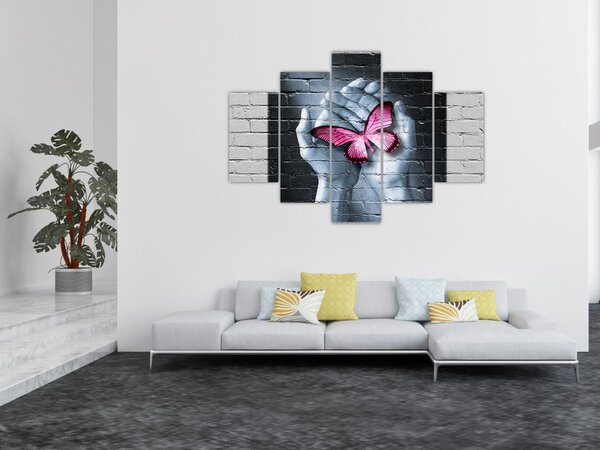 Kép - Rózsaszín pillangó a falon (150x105 cm)