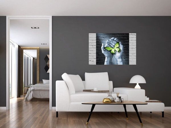Kép - Zöld pillangó a falon (90x60 cm)