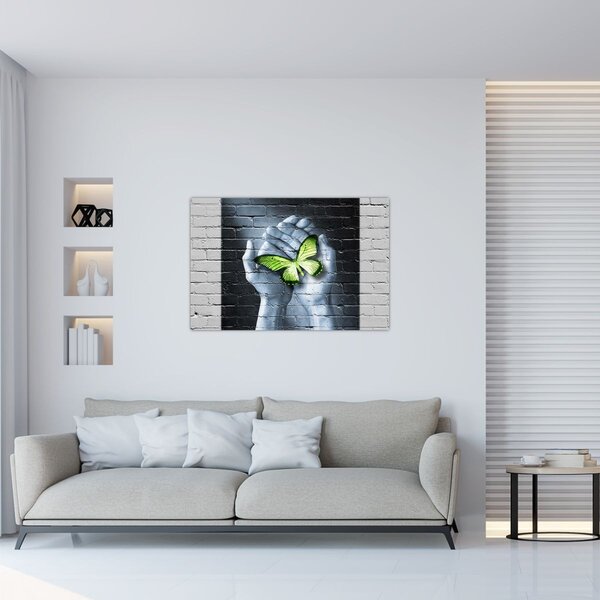 Kép - Zöld pillangó a falon (90x60 cm)
