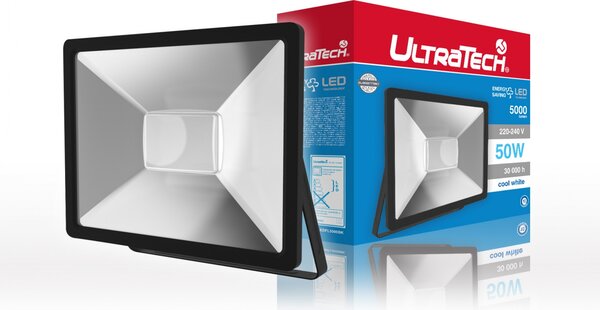 UltraTech LED reflektor 50W fekete 4000K hidegfehér 5000 lumen IP65 30000 óra FL5000BK
