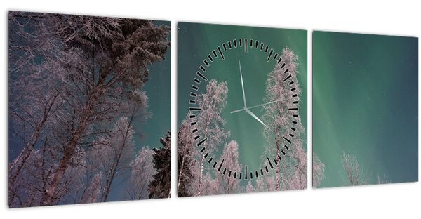 Az aurora borealis képe fagyos fák felett (órával) (90x30 cm)