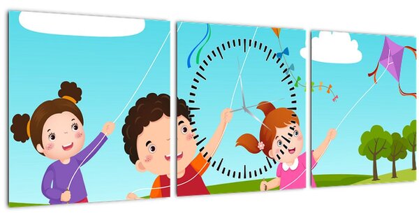 Kép - Sárkányrepülőt éngedő gyermekek (órával) (90x30 cm)