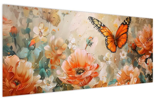 Kép - Pillangó és virágok, olajfestmény (120x50 cm)