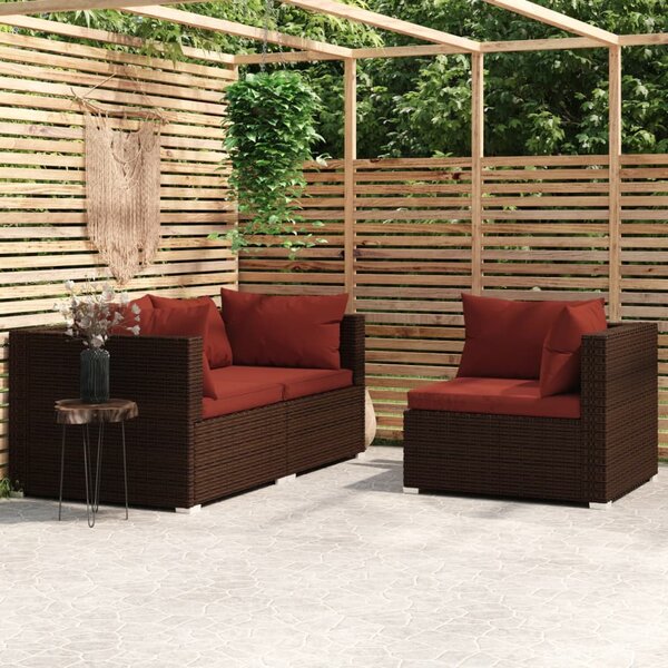 3 részes barna polyrattan kerti bútorszett párnákkal