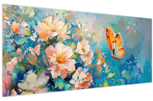 Kép - Pillangó és virágok, olajfestmény II. (120x50 cm)
