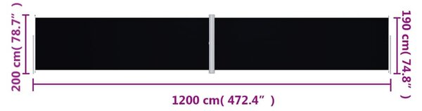 Fekete behúzható oldalsó napellenző 200 x 1200 cm