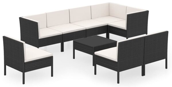 9 részes fekete polyrattan kerti ülőgarnitúra párnákkal
