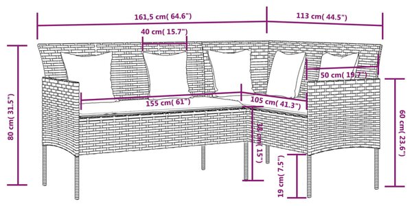 Barna polyrattan L-alakú kanapé párnával