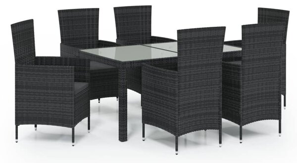 7 részes fekete polyrattan kültéri étkezőszett párnákkal