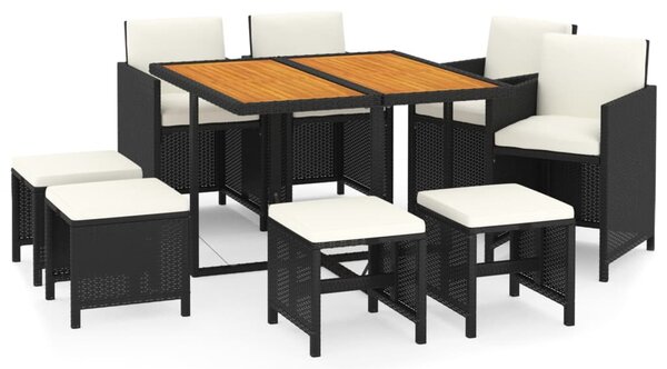 9 részes fekete polyrattan kerti étkezőgarnitúra párnákkal