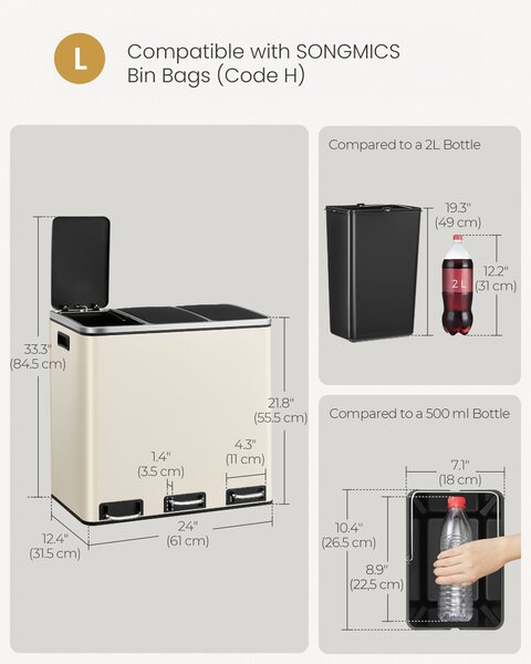 3 rekeszes konyhai szemetes, 18L, pedálos, homokbézs