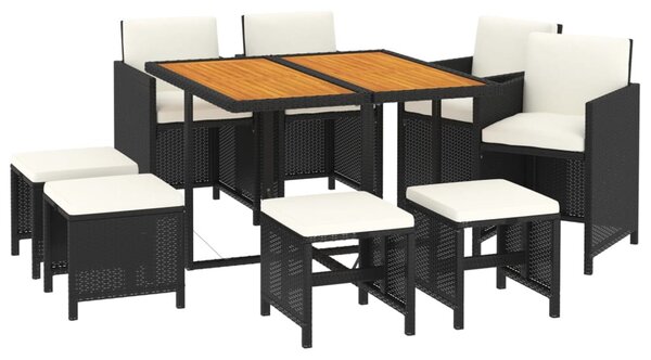 9 részes fekete polyrattan kerti étkezőgarnitúra párnákkal