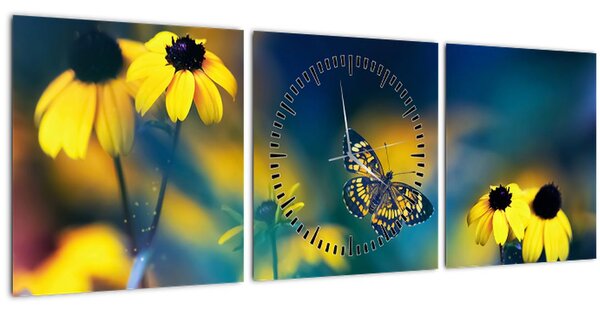 Kép - Sárga pillangó virággal (órával) (90x30 cm)