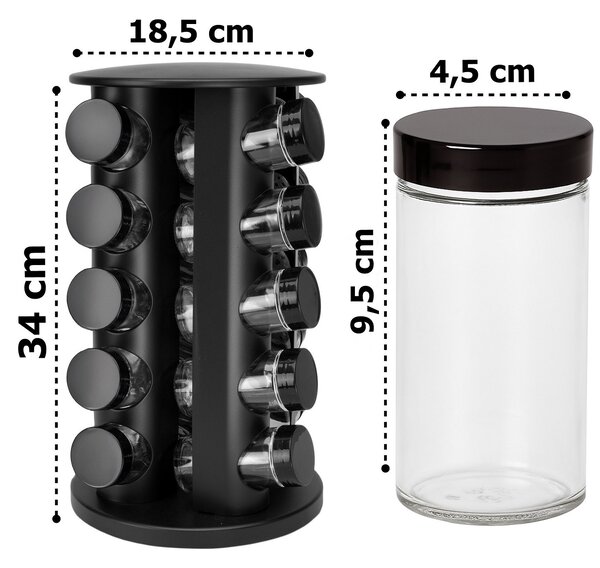 Rotor fekete fűszertartó állvány 20 üveggel és címkékkel