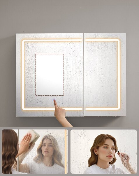 Fürdőszobai faliszekrény tükörrel és LED világítással, 16.5 x 80 x 60 cm, fehér