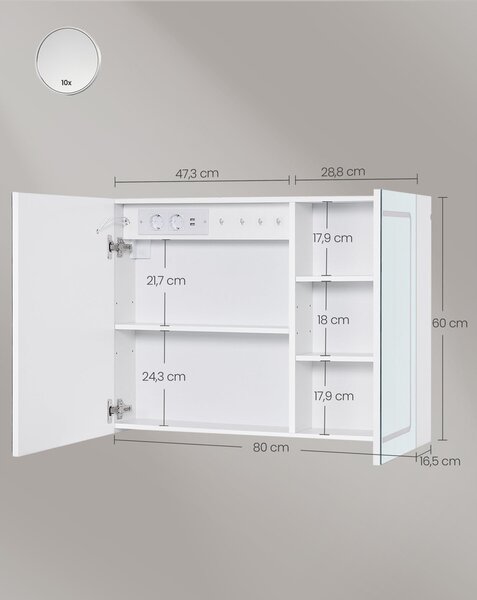Fürdőszobai faliszekrény tükörrel és LED világítással, 16.5 x 80 x 60 cm, fehér