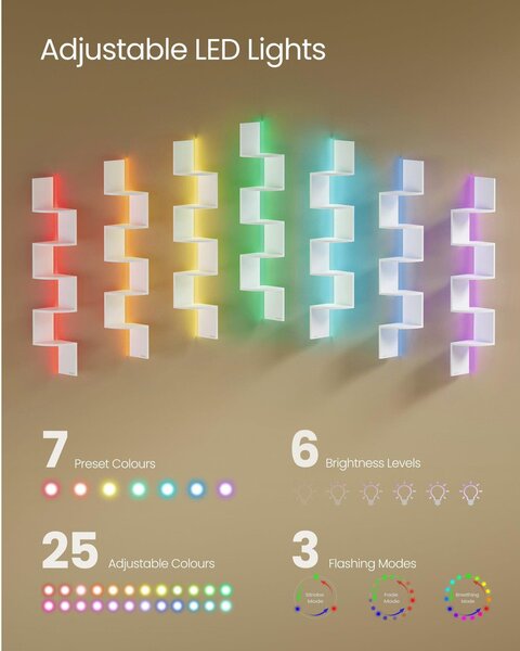 Fali sarokpolc RGB LED világítással, 5 szintes, matt fehér színben