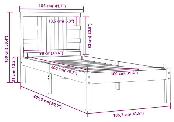 VidaXL Fehér Fenyőfa Ágykeret - 100x200 cm