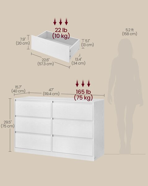 KAILYN kollekció - Modern komód, 6 fiókos tároló szekrény hófehér színben