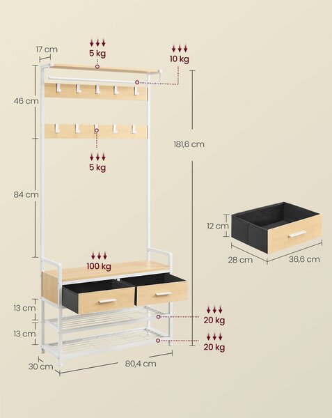 Kabátállvány cipőpaddal, 2 fiók, 10 akasztó, matt arany tölgy