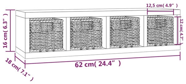 Tömör diófa falipolc kosarakkal 62 x 18 x 16 cm
