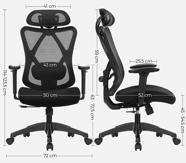 SONGMICS OBN063B01 Ergonomikus Irodai Szék Hálós Háttámlával Állítható Deréktámasszal és Fejtámlával Fekete