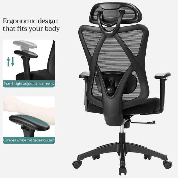 SONGMICS OBN063B01 Ergonomikus Irodai Szék Hálós Háttámlával Állítható Deréktámasszal és Fejtámlával Fekete
